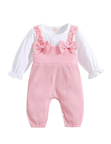 Neugeborenes Baby Mädchen Strampler Kleidung Rüschen Langarm Bodysuit Baumwolle gerippt Bow Jumpsuit Onesie Outfit Set von Refein