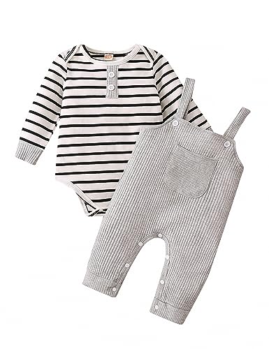 Refein Baby-Jungen-Kleidung Baumwollstrampler mit Langen Ärmeln gestreift Strampelanzug Lätzchen Overall Hose von Refein