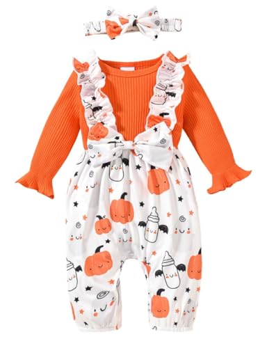 Refein Baby Mädchen Halloween Kleidung Rüschenärmel Strampler Body Blumenschleife Jumpsuit Onesie Outfit Set 6-12 Monate von Refein