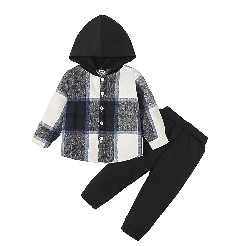 Refein Kleinkind Baby Jungen Kleidung Outfit Langarm Kapuzenpullover Karohemden Button Down Jacke Top Jogger Sweatpants Sets für Frühling Herbst Winter von Refein