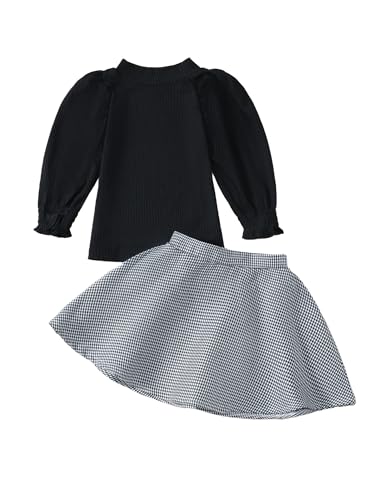 Refein Kleinkind Baby Mädchen Rock Set stricken Puffärmel Rollkragen Top Shirt Plaid Flared Mini Röcke A-Linie Kleid Kleidung Set von Refein