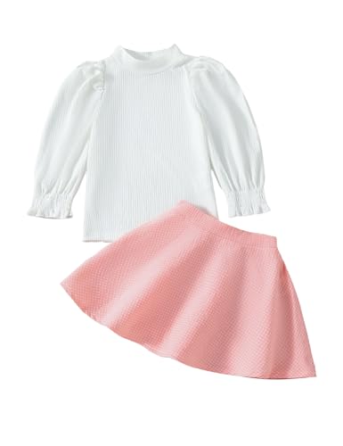 Refein Kleinkind Baby Mädchen Rock Set stricken Puffärmel Rollkragen Top Shirt Plaid Flared Mini Röcke A-Linie Kleid Kleidung Set von Refein