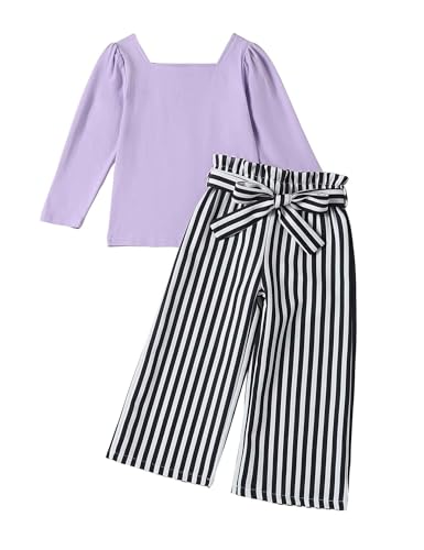 Refein Kleinkind Mädchen Kleidung Kinder Eckiger Ausschnitt Puff Langarm Top gestreifte Hosen Mädchen Outfits Set 2-7 Jahre von Refein