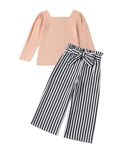 Refein Kleinkind Mädchen Kleidung Kinder Eckiger Ausschnitt Puff Langarm Top gestreifte Hosen Mädchen Outfits Set 2-7 Jahre von Refein