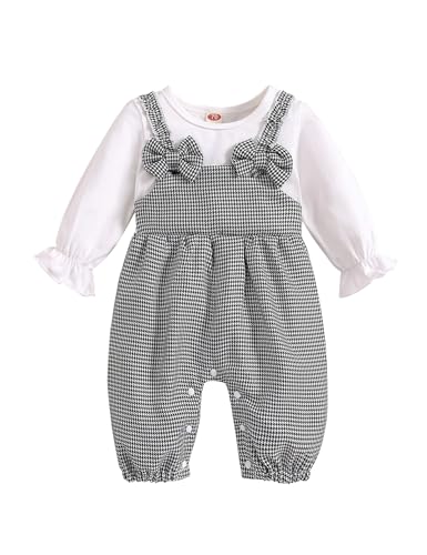 Refein Neugeborenes Baby Mädchen Strampler Kleidung Rüschen Langarm Bodysuit Baumwolle gerippt Bow Jumpsuit Onesie Outfit Set von Refein