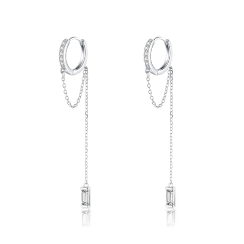 Reffeer 925 Sterling Silber CZ Kette Creolen baumeln für Frauen Ohrringe baumelnde Ohrringe Kette Tropfen Ohrringe Huggie (A-Silber) von Reffeer