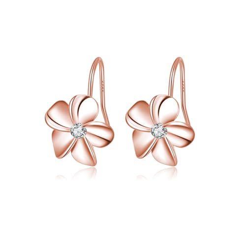 Reffeer 925 Sterling Silber Hawaiian Plumeria Blume Tropfen Ohrringe für Frauen Teenager CZ Blume baumelnde Ohrringe (C-Roségold) von Reffeer