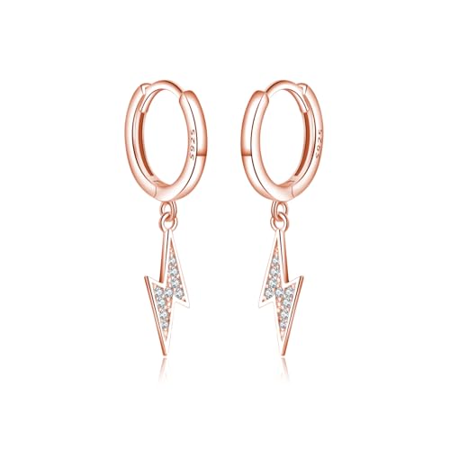 Reffeer 925 Sterling Silber Lightning Bolt Drop Creolen für Frauen CZ Lightning Bolt Huggie Ohrringe Creolen (C-Roségold) von Reffeer