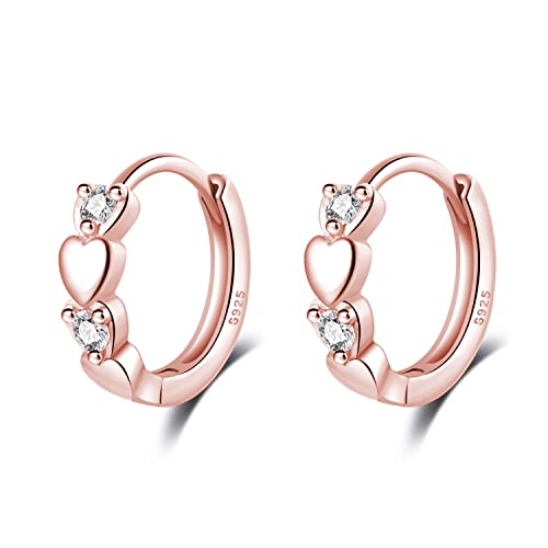 Reffeer 925 Sterling Silber Zirkonia Ohrringe Tiny Double Love Heart Creolen für Frauen Ohrringe Sleeper Huggie Ohrstecker (C-Roségold) von Reffeer