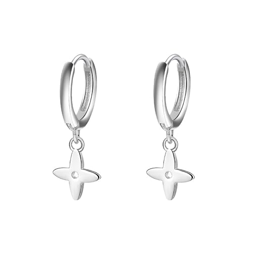 Reffeer Creolen aus massivem 925er-Sterlingsilber, vierblättriges Kleeblatt, für Damen, Ohrringe, kleine Blatt-Creolen, Huggie (A-Silber) von Reffeer