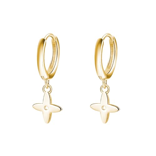 Reffeer Creolen aus massivem 925er-Sterlingsilber, vierblättriges Kleeblatt, für Damen, Ohrringe, kleine Blatt-Creolen, Huggie (B-Gelb) von Reffeer