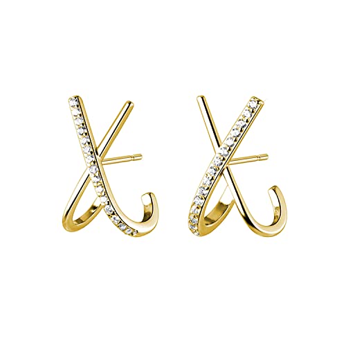 Reffeer Massive 925 Sterling Silber Buchstabe X Manschettenohrringe Piercings für Frauen Ohrringe CZ X Wickel Ohrringe Huggie Ohrstecker (B-Gelb) von Reffeer