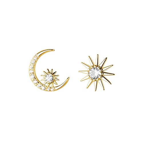 Reffeer Massive 925 Sterling Silber CZ Mond Stern Ohrringe Ohrstecker für Damen Ohrringe Mond Sonne Ohrstecker Asymmetrisch (B-Gelb) von Reffeer