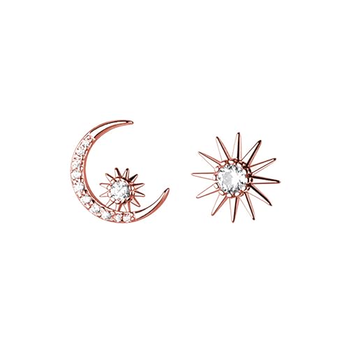 Reffeer Massive 925 Sterling Silber CZ Mond Stern Ohrringe Ohrstecker für Damen Ohrringe Mond Sonne Ohrstecker Asymmetrisch (C-Roségold) von Reffeer