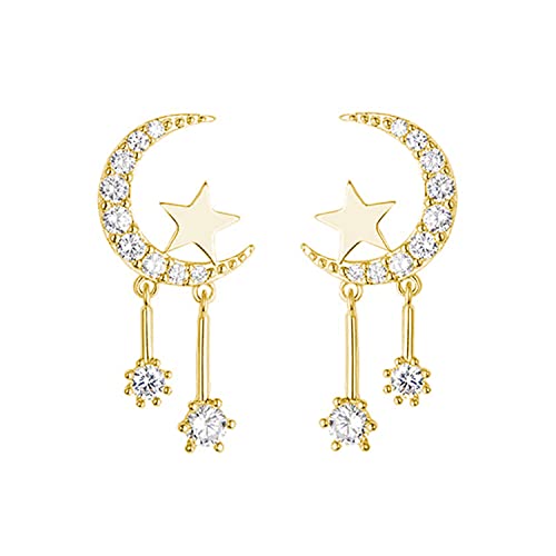 Reffeer Massive 925 Sterling Silber Halbmond Stern Ohrringe Ohrstecker für Frauen Teenager CZ Mond Ohrstecker Stern Quaste Ohrringe (B- Gold Plated) von Reffeer