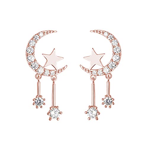 Reffeer Massive 925 Sterling Silber Halbmond Stern Ohrringe Ohrstecker für Frauen Teenager CZ Mond Ohrstecker Stern Quaste Ohrringe (C-Rose Gold Plated) von Reffeer