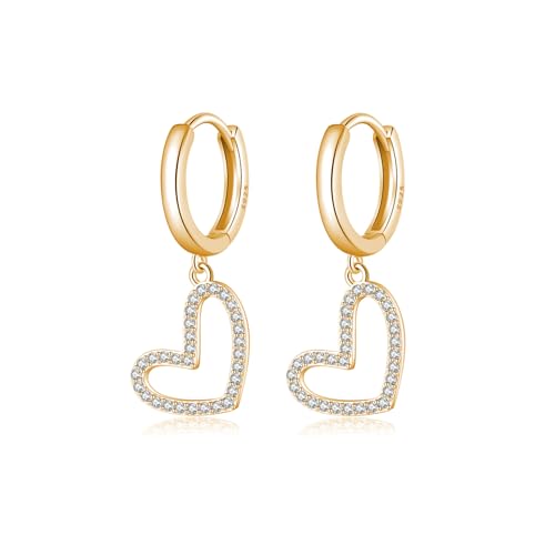 Reffeer Massive 925 Sterling Silber Liebe Herz Creolen Tropfen für Frauen CZ Herz Creolen Huggie (B-Gelb) von Reffeer