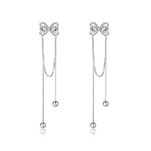Reffeer Massives 925 Sterling Silber CZ Schleife Baumeln Ohrringe Kette Tropfen für Frauen Ohrringe Schleife Ohrringe Quaste Kette Baumeln Ohrringe (A-Silber) von Reffeer