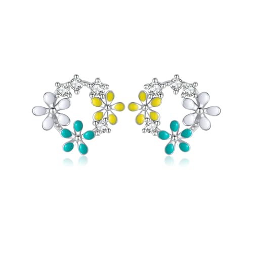 Reffeer Ohrstecker aus massivem 925er Sterlingsilber mit Blumenmotiv für Frauen, CZ-Blumen-Frühlings-Ohrstecker (A-Silber) von Reffeer