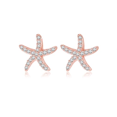 Reffeer Seestern-Ohrstecker aus 925er Sterlingsilber mit Zirkonia - Strand-Ohrringe für Frauen (Roségold) von Reffeer