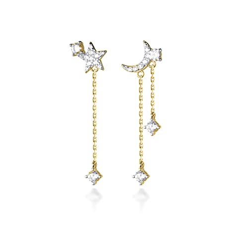 Reffeer Solide 925 Sterling Silber Asymmetrische Mond Stern Ohrring CZ Quaste Kette Ohrringe Für Frauen Ohrringe (B-Gelb) von Reffeer