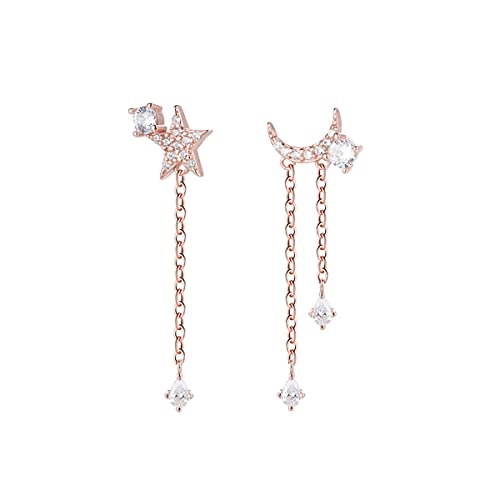 Reffeer Solide 925 Sterling Silber Asymmetrische Mond Stern Ohrring CZ Quaste Kette Ohrringe Für Frauen Ohrringe (C-Roségold) von Reffeer