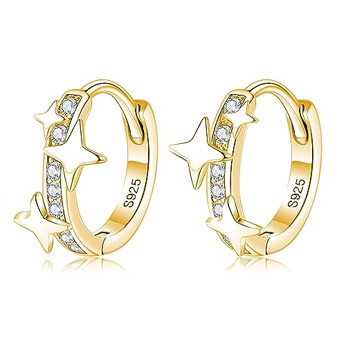 Reffeer Solide 925 Sterling Silber CZ Stern Creolen für Frauen Ohrringe Stern Huggie Creolen Hypoallergen (B-Gelb) von Reffeer
