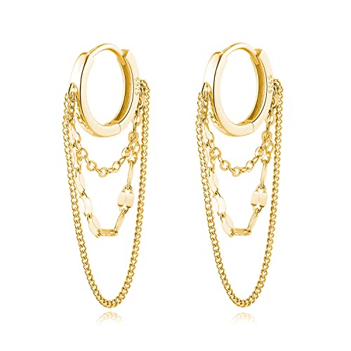 Reffeer Solide 925 Sterling Silber Kette Tropfen Ohrringe Creolen für Frauen Teen Creolen Quaste Kette Huggie Baumeln Ohrringe (B-Gold Plated) von Reffeer