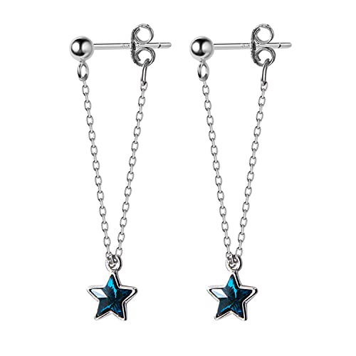 Reffeer Solide 925 Sterling Silber Stern Kette Tropfen Ohrringe Quaste für Frauen Ohrring Blauer Stern Baumeln Ohrringe Kette Ohrstecker (A-Silber) von Reffeer