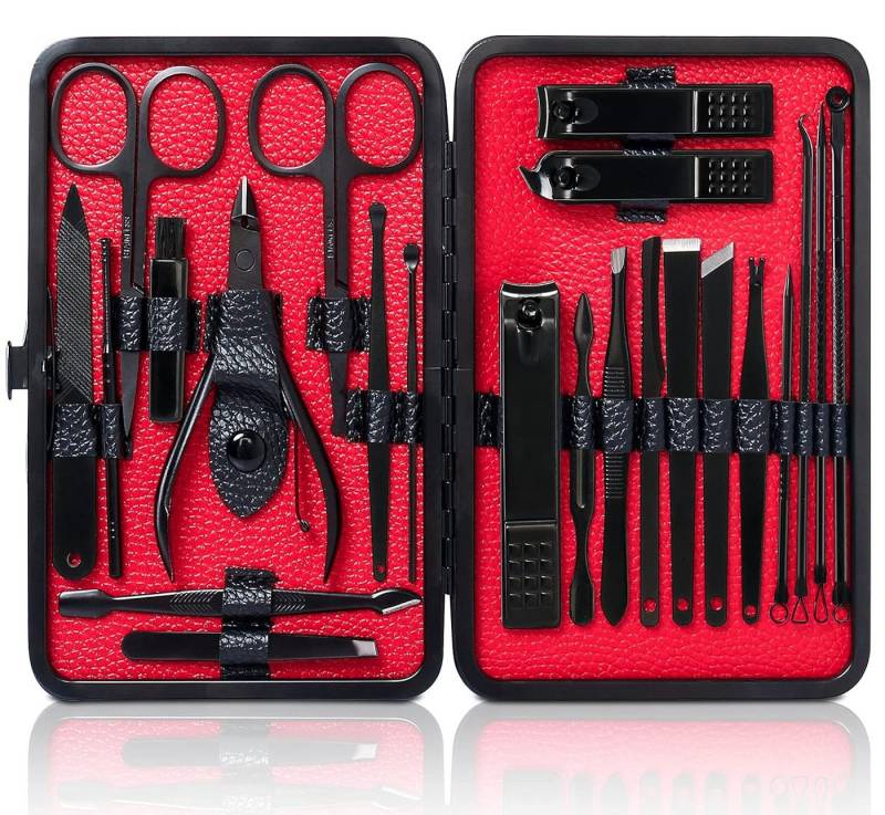 Refined Living Nageldesign Zubehör Nagelschere,Nagelknipser Set, 23 Teiliges Edelstahl Werkzeug Set, Edelstahl ragbarer Werkzeuge, Hochwertiges Set Schwarz-Rot, Hochwertige Materialien, Vielseitige Werkzeuge, Tragbar, 23-tlg., Nagelschere,Nagelknipser,Pinzette uvm.Leicht zu tragen, Professionelles 23-teiliges Nagelwerkzeug Set für Damen & Herren von Refined Living