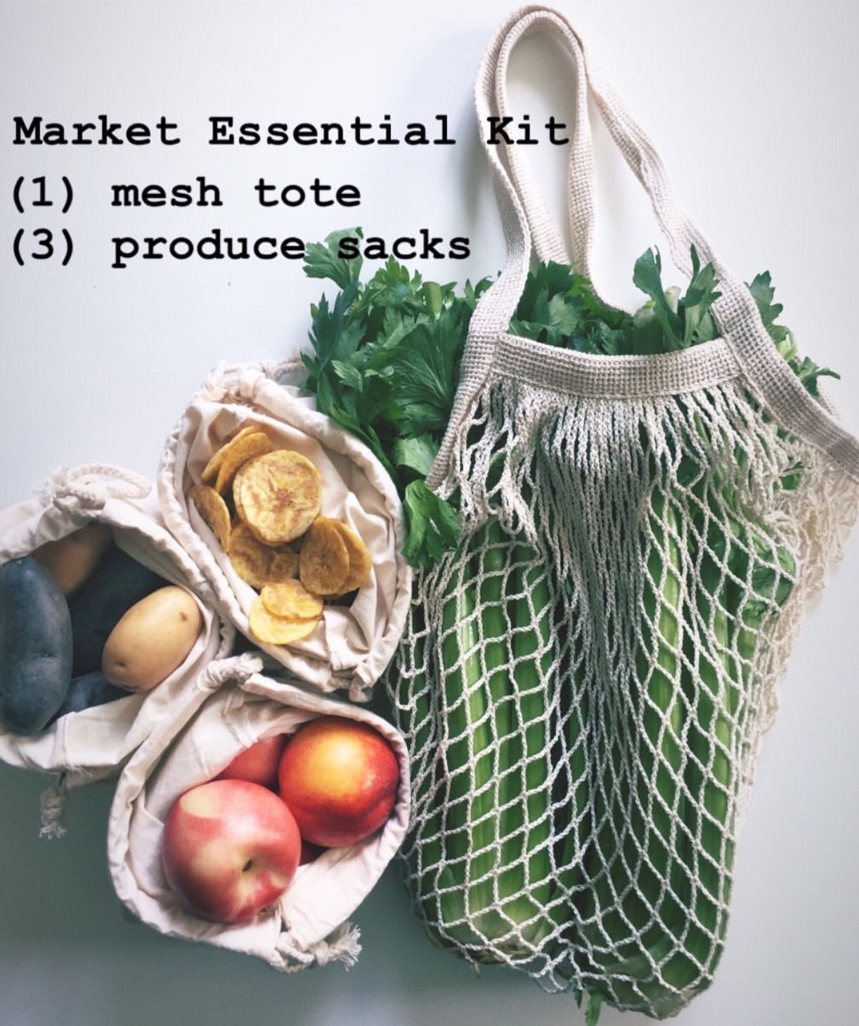 Wiederverwendbares Market Essential Kit | Netztasche Und 3Er-Set Produktsäcke Plastikfreie Baumwoll-Einkaufstaschen Wiederverwendbares Market Essential Kit | Netztasche Und 3Er-Set Produktsäcke Plastikfreie Baumwoll-Einkaufstaschen von RefinementHouse