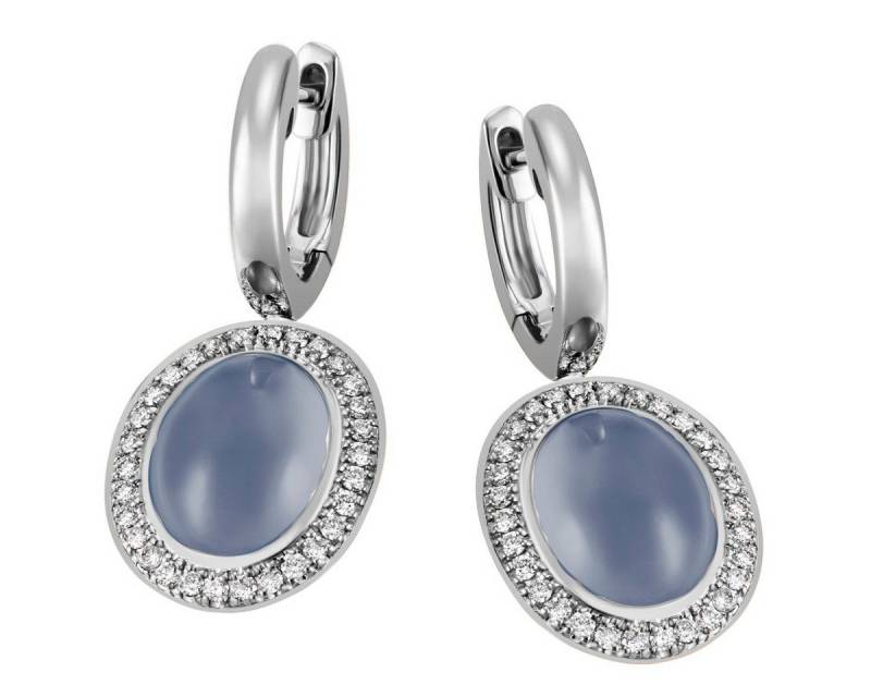 Reflexion Diamonds Klappcreolen 925/- mit ovalem Edelstein umrandet von funkelnden Zirkonia (synth), Damen Creolen mit Chalcedon und Zirkonia (synth) von Reflexion Diamonds