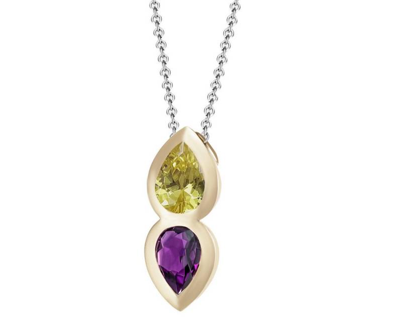 Reflexion Diamonds Silberkette 925er Silber Damenkette mit vergoldetem Tropfen-Anhänger, mit zwei tropfenförmige Zirkonia in Citrin-Gelb und zartem Lila von Reflexion Diamonds