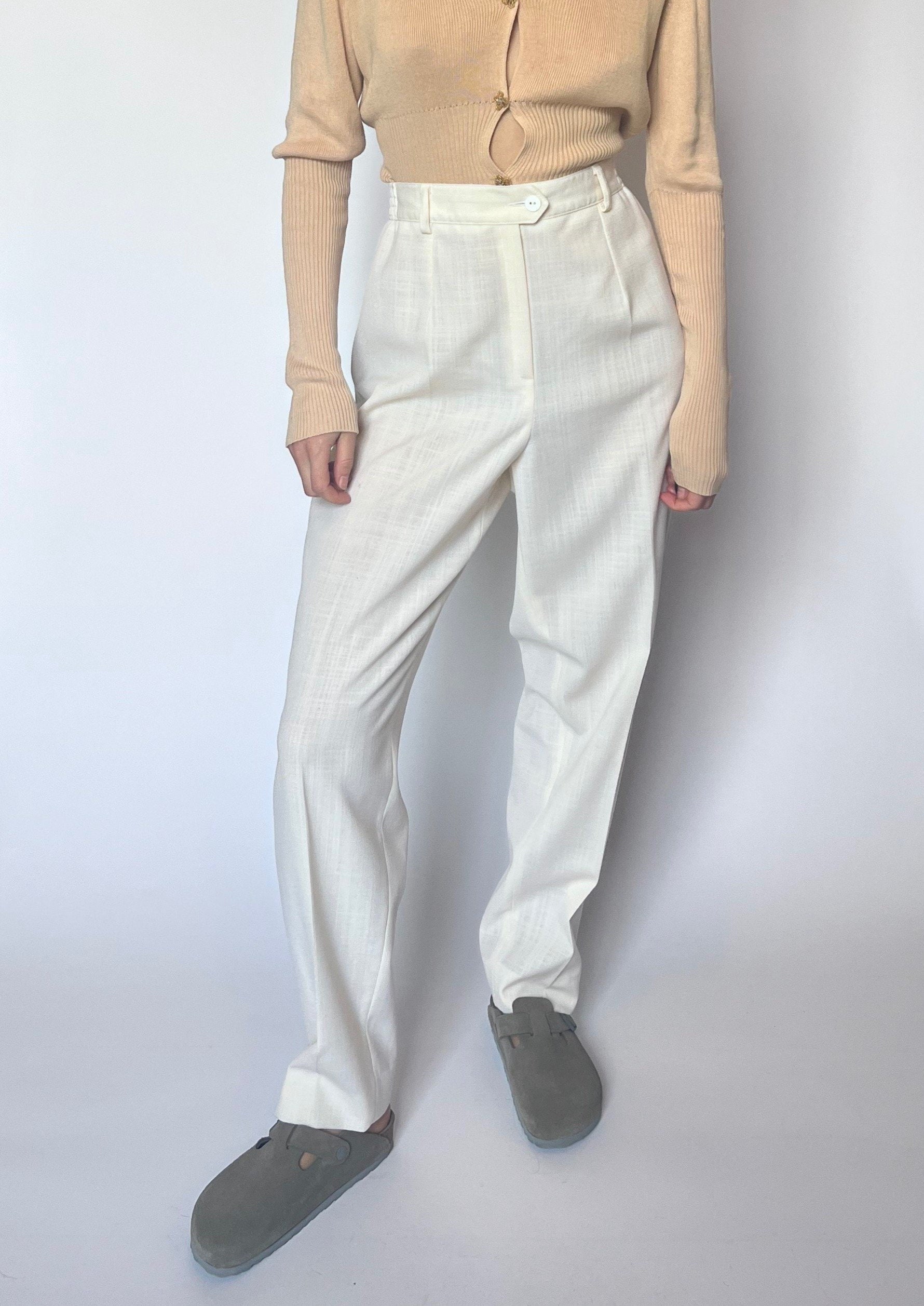 90Er Creme Breite Bein Wolle Hose W'32" M, Vintage Weiße Hose, Hohe Taillen Plissee M von ReformeStudios