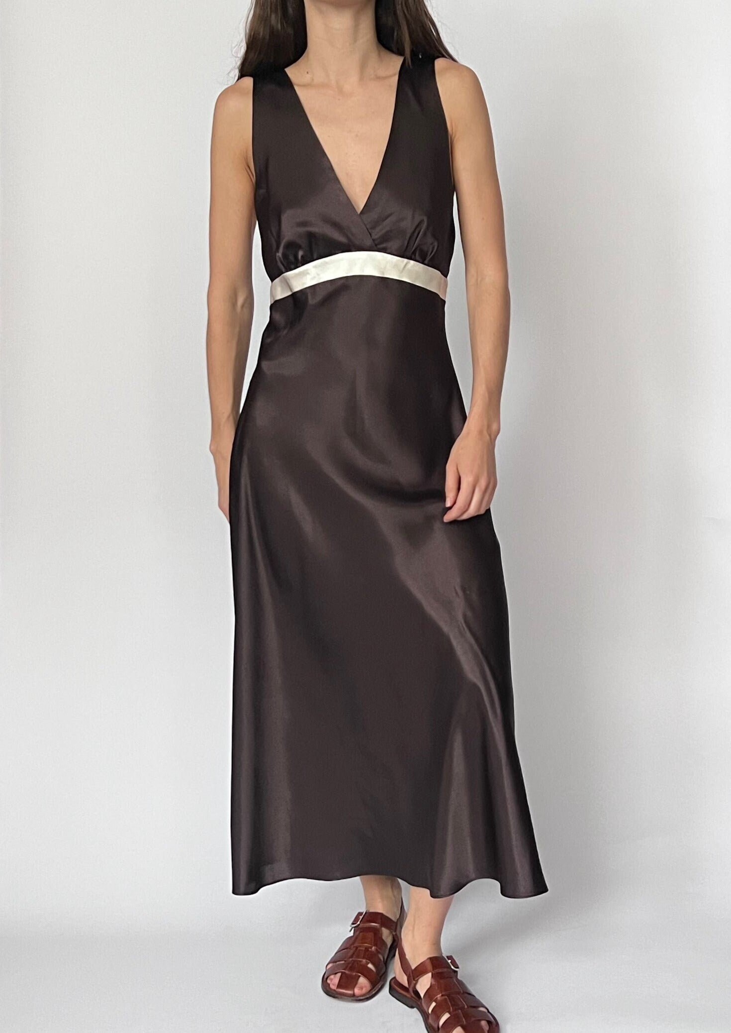 Jones New York Braunes Maxikleid S/M, Midikleid, Kontrastband 90Er Jahre Kleid, Slip Dress von ReformeStudios