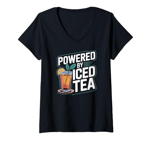 Damen Powered by Iced Tea, Design für Erfrischungsgetränk-Enthusiasten T-Shirt mit V-Ausschnitt Damen Powered by Iced Tea, Design für Erfrischungsgetränk-Enthusiasten T-Shirt mit V-Ausschnitt von Refreshing Beverage Summer Vibes For Tea Lovers