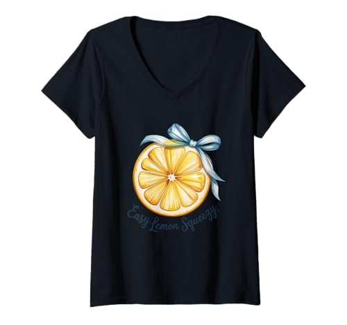 Damen Easy Lemon Squeezy Cheerful Slice Bow T-Shirt mit V-Ausschnitt Damen Easy Lemon Squeezy Cheerful Slice Bow T-Shirt mit V-Ausschnitt von Refreshing Citrus Fun Vibrant Vibes