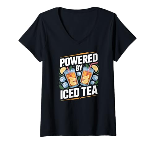 Damen Powered by Iced Tea Erfrischendes Statement T-Shirt mit V-Ausschnitt von Refreshing Iced Tea Beverage Lovers