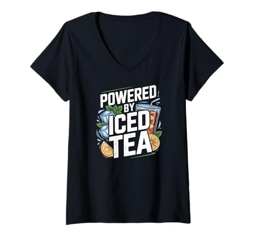Damen Angetrieben von Iced Tea Lemon Mint Drink T-Shirt mit V-Ausschnitt von Refreshing Iced Tea Lovers United