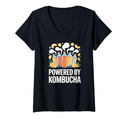 Damen Powered by Kombucha Enthusiast Statement T-Shirt mit V-Ausschnitt Damen Powered by Kombucha Enthusiast Statement T-Shirt mit V-Ausschnitt von Refreshing Kombucha Beverage Enthusiasts