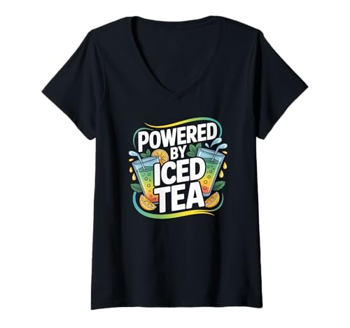 Damen Powered by Iced Tea: Erfrischendes, lustiges Statement T-Shirt mit V-Ausschnitt Damen Powered by Iced Tea: Erfrischendes, lustiges Statement T-Shirt mit V-Ausschnitt von Refreshing Summer Beverage Enthusiasts Iced Tea
