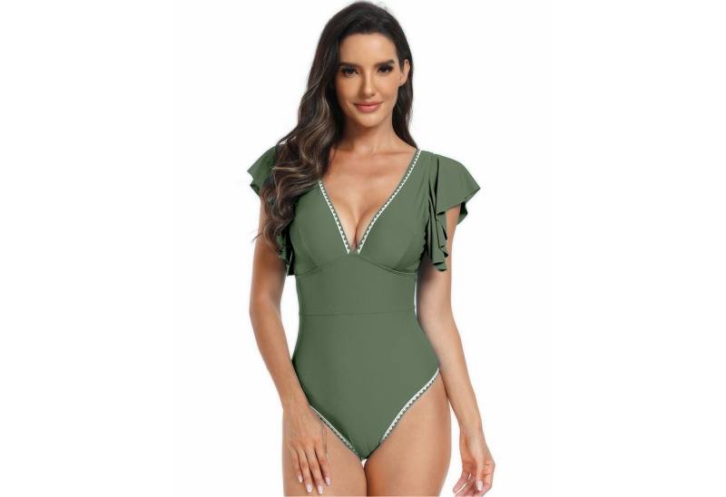 Refttenw Badeanzug Schlank V Ausschnitt Einteilige Bademode mit Cups Monokini mit Volant von Refttenw
