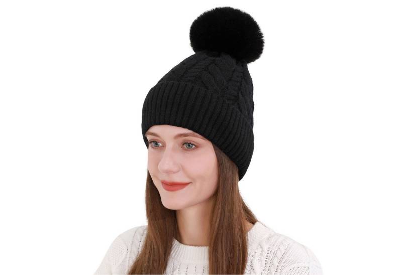 Refttenw Beanie Damen Strickmütze mit Fleece-Innenfutter, Bommel,Zopfmuster,Warm von Refttenw