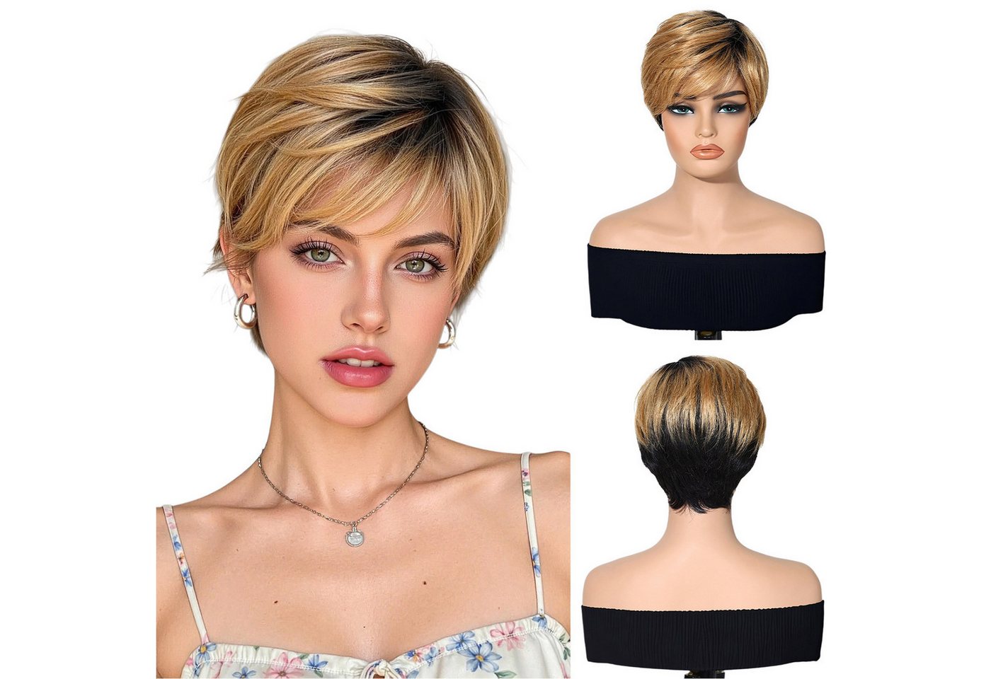 Refttenw Echthaar-Extension Kurzhaarperücke,Echthaar,Kurze gewellte Perücken für Frauen,mit Pony von Refttenw