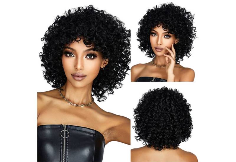 Refttenw Kunsthaarperücke Perücke Damen Kurz Schwarze Lockige Perücken, mit Rosé-Netz, Hitzebeständige Gewellte Haar von Refttenw
