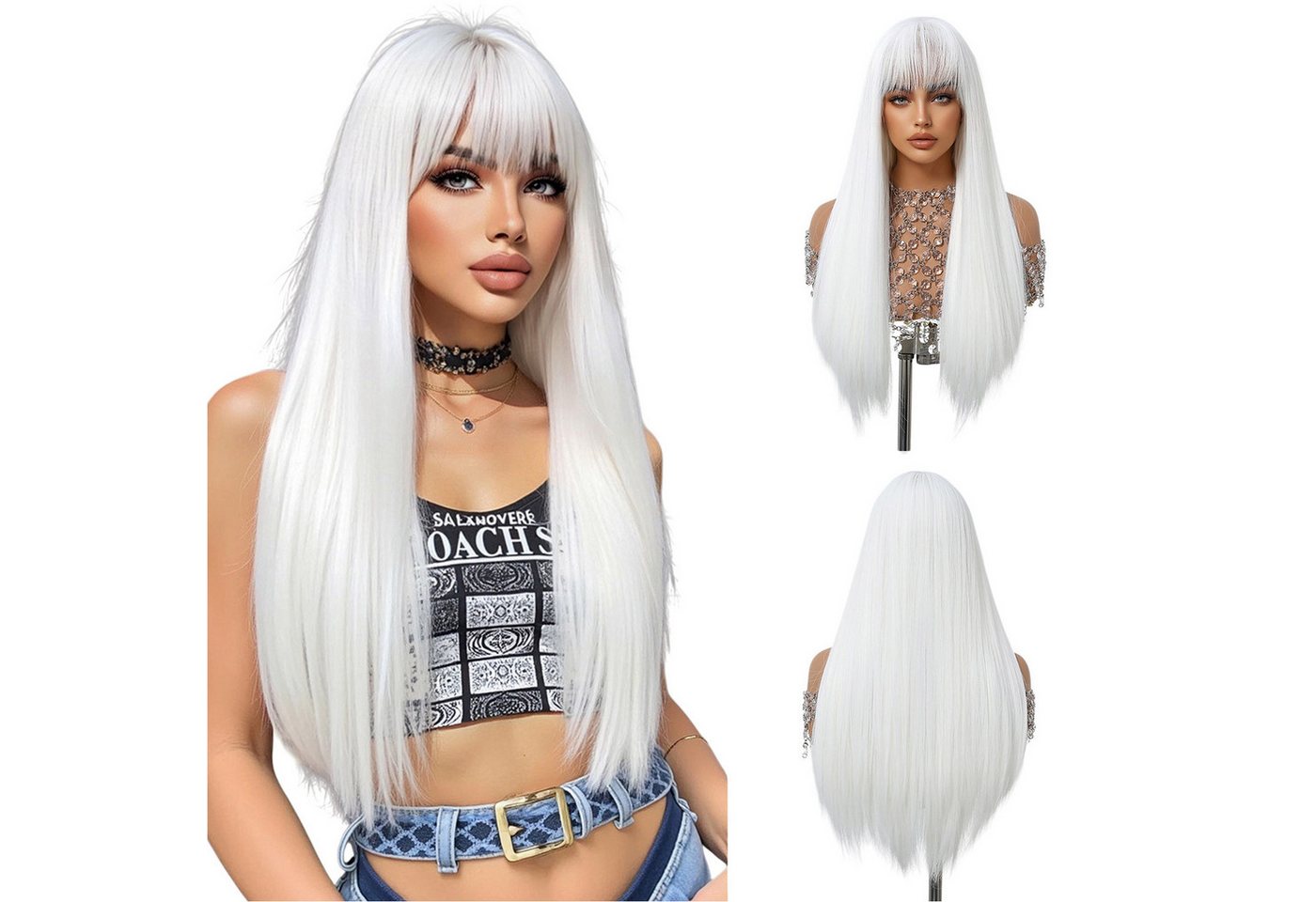 Refttenw Kunsthaarperücke Einstellbar Weiße Perücke mit Pony,Lange gerade Perücke für Frauen von Refttenw