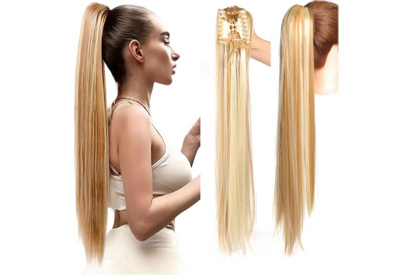 Refttenw Kunsthaarperücke Glatt Pferdeschwanz Haarteil Zopf Extension mit Klammer 70cm, Lang Ponytail Extensions -Dunkelblond + Bleichblond von Refttenw
