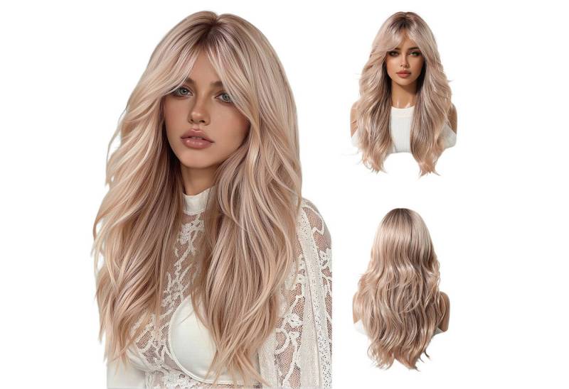 Refttenw Kunsthaarperücke Lange lockige Perücke mit Pony & Gestuften Wellen – 56cm, Verstellbar, Staubrosa von Refttenw