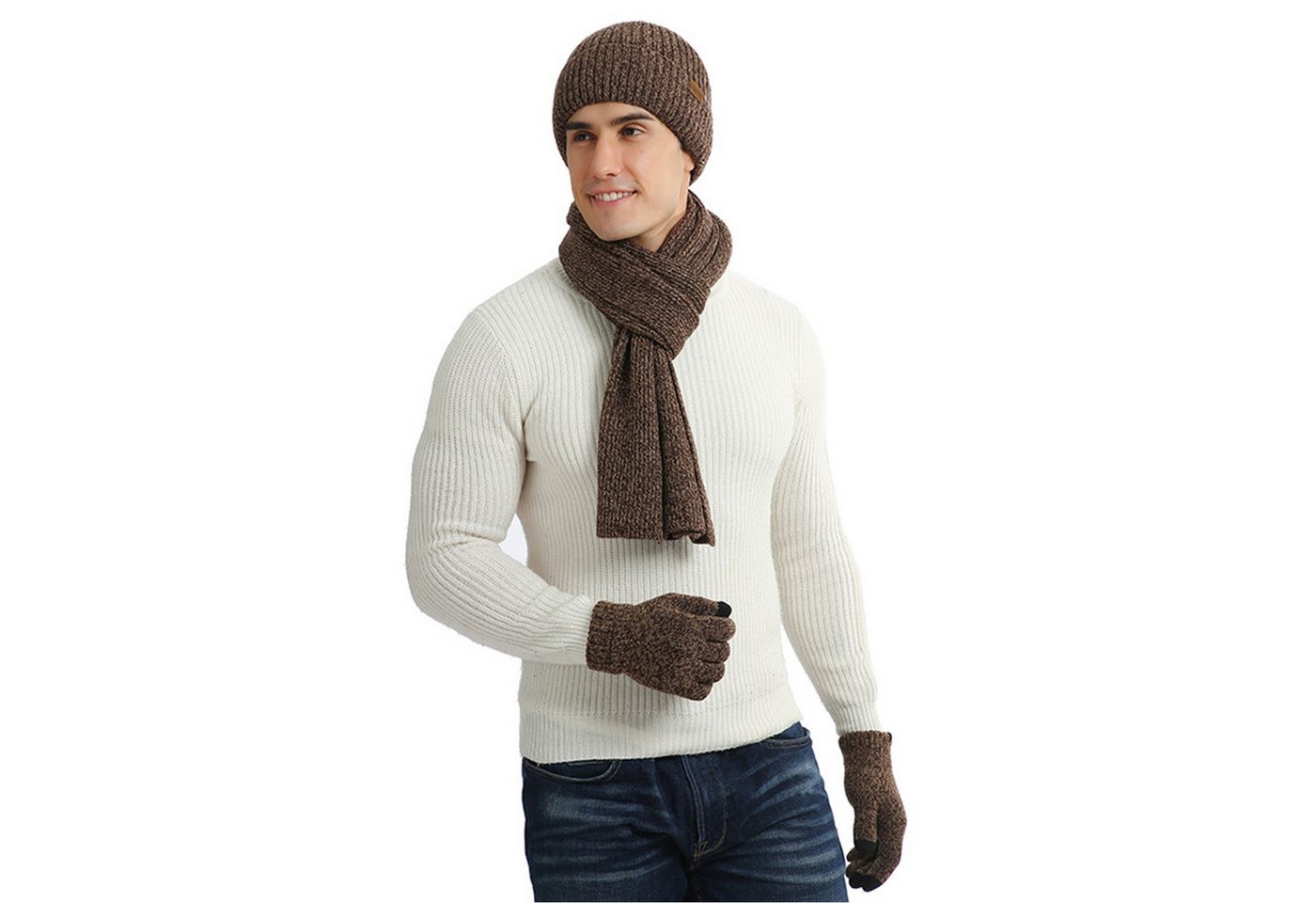 Refttenw Mütze & Schal 3 in 1 Mütze Schal Handschuh Set Für Herren Damen Weiche Warme Gestrickt Winter Strickmütze, Schal & Handschuh-Sets von Refttenw