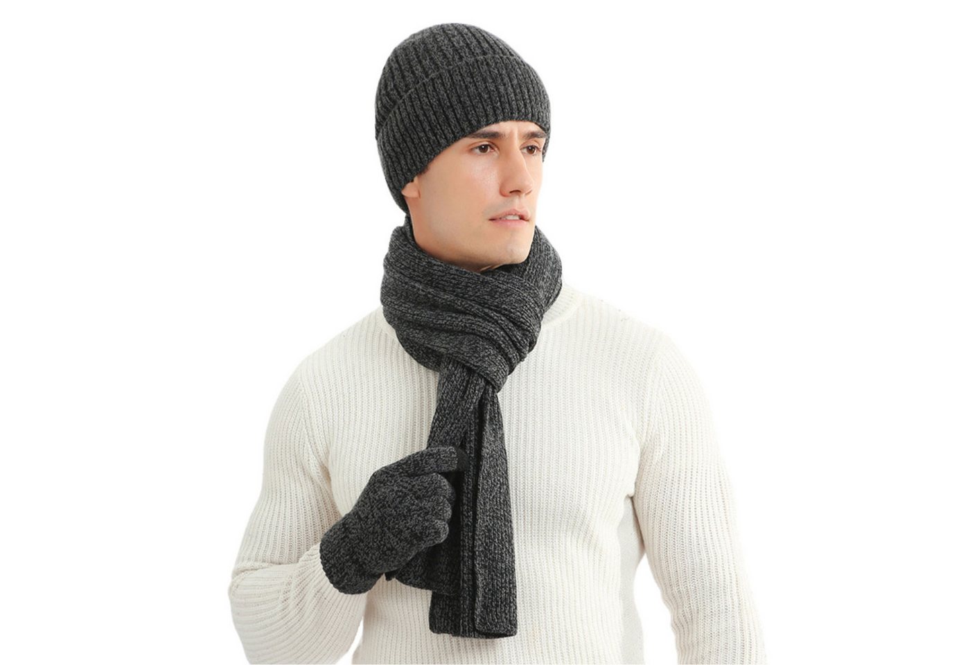 Refttenw Mütze & Schal 3 in 1 Mütze Schal Handschuh Set Für Herren Damen Weiche Warme Gestrickt Winter Strickmütze, Schal & Handschuh-Sets von Refttenw